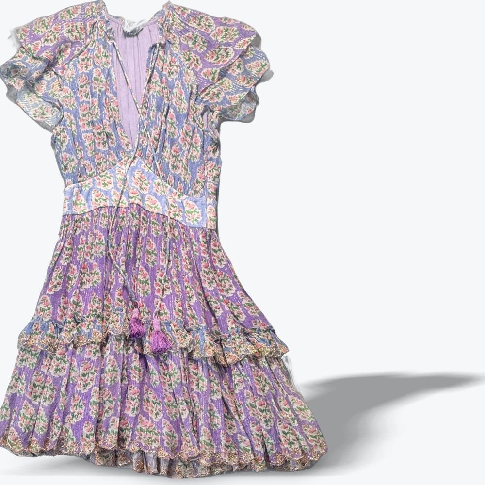 Hemant and Nandita Mini Dress Purple Floral Metallic Ruffle XS Bohemian Tassel - Picture 1 of 9